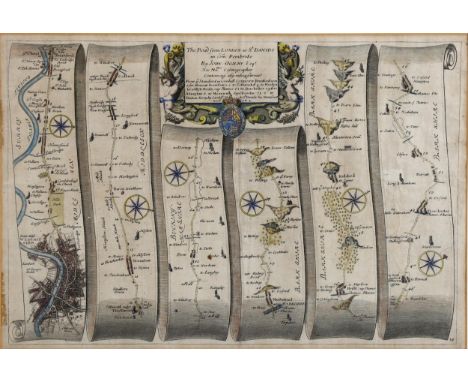 John Ogilby, 18th century hand coloured map engraving, the road from London to St David's 1722, 30cm x 44cm, framedGeneral sl