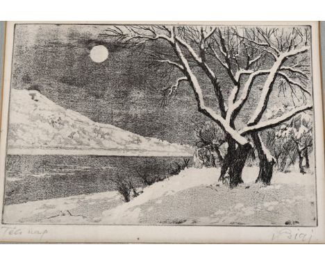 20th century Japanese School, woodblock print, winter landscape, indistinctly signed in pencil, image 20cm x 30cm1 fox mark i