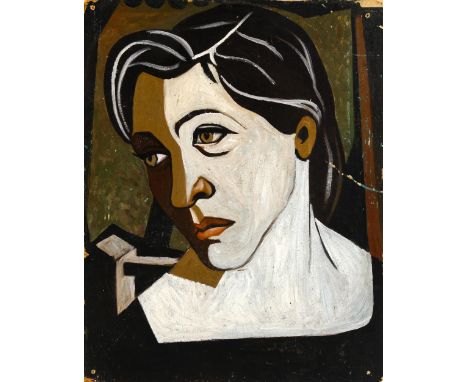 Mid-20th century oil on board, cubist style portrait, unsigned, 73cm x 57cm, unframedHardboard is dented on the edges and 1 s
