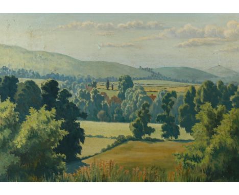 J Ward, oil on canvas, summer in Somerset, signed and dated 1947, original label verso, 55cm x 73cm, framed1 small patch repa