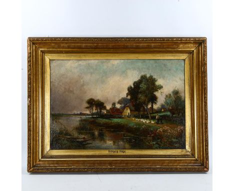 19th century oil on canvas, figures driving geese, unsigned, 50cm x 76cm, framed1 small patch repair not visible from the fro