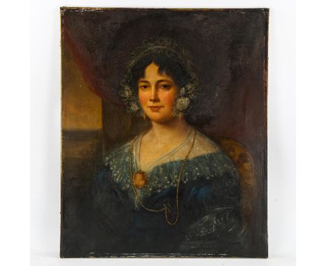 19th century oil on canvas, portrait of a woman, unsigned, 76cm x 63cm, unframedGood original condition with paint crazing an