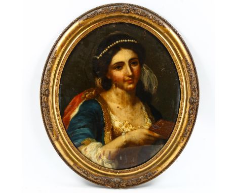 19th century oval reverse painting behind convex glass, portrait of a woman holding a book, original moulded gilt-gesso frame
