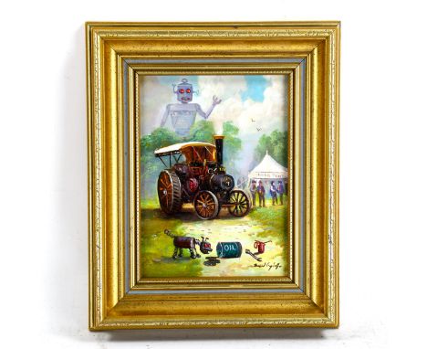 Raymond Campbell, oil on board, Traction Engine Robot At Tinkers Park, 19cm x 14cm, framedGood condition 