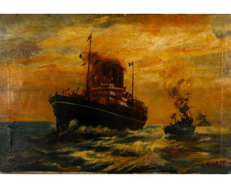L Garde, early 20th century oil on canvas, First War Period convoy with HMS Otranto, signed, 38cm x 56cm, unframedSeveral ver
