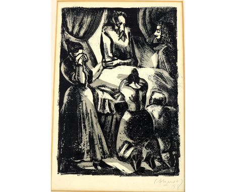 20th century Continental School, lithograph, a grieving family, indistinctly signed and dated '58, image 28cm x 19cm, mounted