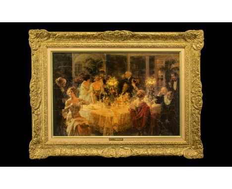 Large Print of Oil Painting by Jules Grun  'The Dinner Party'.  Framed in an ornate gilt frame, measures approx 31" x 23" inc