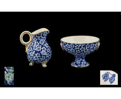 Royal Worcester - 19th Century Fine Quality Pair of Early Blue and White Floral Chintz Pattern Milk Jug and Sugar Bowl, HIghl