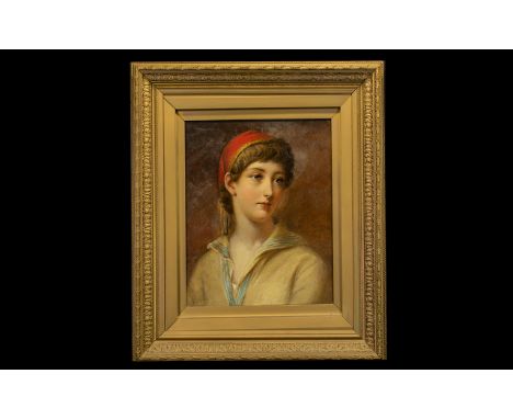 19th Century Unsigned Finely Painted Oil on Board Portrait of a Young Boy Wearing a Red Cloth Cap with Tazzel's According to 