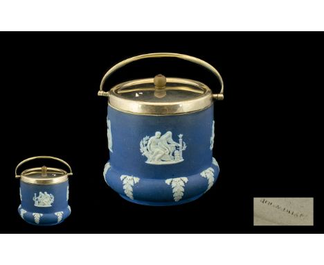 Vintage Jasperware Biscuit Barrel.  Attractive blue and white Jasperware design with steel lid and handle.  Barrel measures a