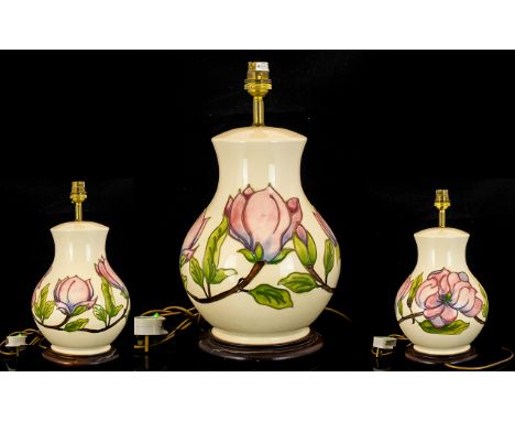 Moorcroft - Globular Shaped Large Tube lined Lamp Base ' Pink Magnolia ' on Cream Ground. Stands on a Circular Stepped Loaded