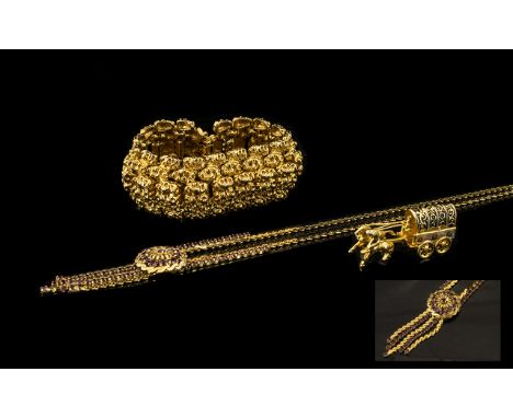 Small Collection of Gold Plated Jewellery, to include a vintage Scandi-style bracelet from the 1950s, with a safety chain; a 