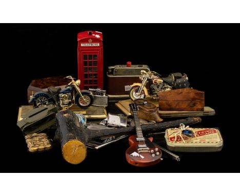 A Small Mixed Lot of Collectables to include an Irish shillelagh, die cast motorbikes, marching compass, hinged box, vesta ca