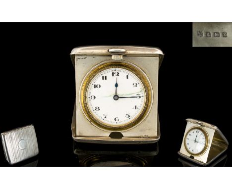 1920's Silver Case - Folding Pocket Size Travellers Clock with Push Button to Open, White Porcelain Dial. Hallmark Birmingham