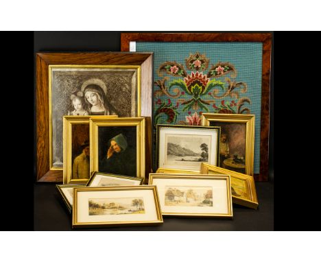 Collection of Prints &amp; Pictures including religious print of Mother &amp; Child in a wooden frame 16" x 18" mounted and b