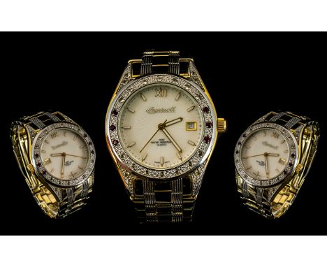Ingersoll Gents Two Tone Steel Diamond &amp; Ruby Set Date Just Quartz Wrist Watch.  The Bezel set with rubies and diamonds w