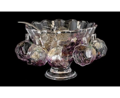 A Fine Moulded Glass 1950's Punch Bowl with Matching Moulded Glass Drinking Glasses - Amethyst / Green / Brown Leaf Decoratio