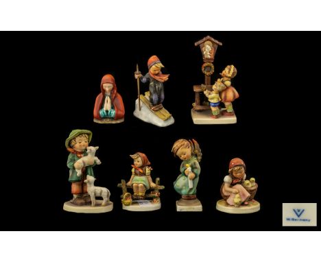 Collection of Hummel Figures, Comprising ' Skier ' Girl on Fence - Praying Madonna, ' Shepherds Boy ' ( Sheep Glued at Legs )