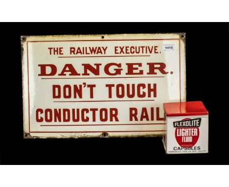 Railway Interest - Vintage Metal Railway Sign.  White sign with red lettering reads: 'The Railway Executive - Danger Don't To