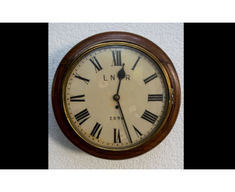 Antique Period London North Eastern Single Fusee Railway Station Oak Cased Circular Drop Dial Wall Clock with single fusee mo