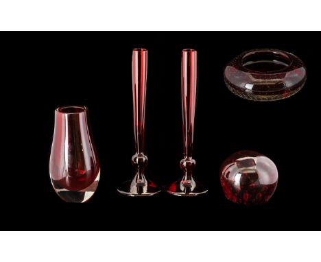 Collection of Whitefriars Ruby Glass five pieces in total, comprising a bubble glass bowl 115 x 50 mm; a ruby red bubble cont