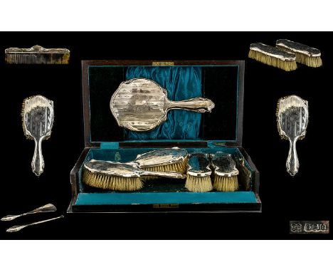 Ladies Deluxe - Boxed Solid Mahogany Top Quality - 8 Piece Silver Vanity Set. Comprises Hand Mirror, Hand Brushes, Comb, Shoe