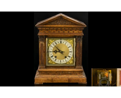 German WIN Architectural Mantle Oak Cased Clock (Winterhalder &amp; Hofmeier ) with silvered dial and Arabic numerals. The ba