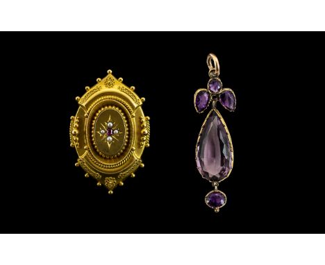 Antique Period 18ct Gold - Fancy Quality Locket Brooch, Set with Ruby and Seed Pearls In a Starburst Effect to Front Panel, w