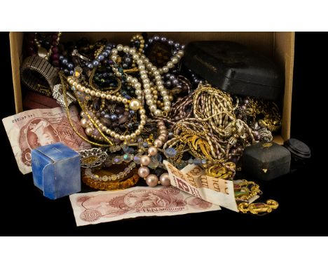 A Box Containing a Quantity of Costume Jewellery  to include Vintage assorted beads, brooches, cufflinks, an Irish brooch, as