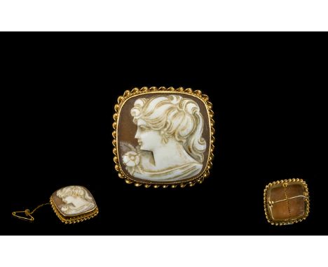 A 9ct Gold Mounted Cameo Brooch with 9ct Gold Safety Chain of Square Form, Depicting a Portrait Bust of a Young Woman. Fully 