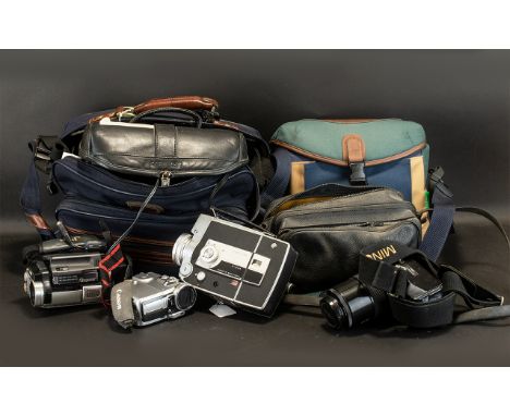 Collection of Cameras, Camcorders &amp; Lenses to include Lumix Panasonic Camera DMC-FZ200 in black case with shoulder strap;