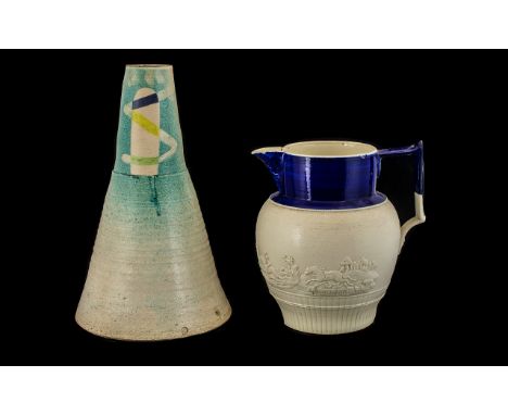 Janet Leach Conical Shape Studio Pottery Vase, the lower portion, with broad, circular, base, rising in the manner of a coil 