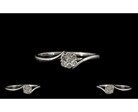 9ct White Gold - Attractive and Contemporary Diamond Set Cluster Ring - Flower head Setting. The Seven Diamonds of Excellent 