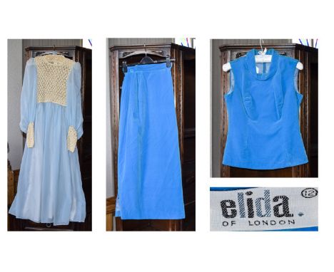 Ladies Vintage 1960's Velvet Skirt Suit And 1970's Maxi Dress.  A cerulean blue slim velvet suit comprising sleeveless shell 