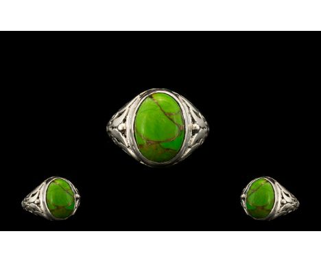 Mojave Green Turquoise Solitaire Ring, an oval cut cabochon of 5cts of the lime green version of Mojave turquoise, from that 