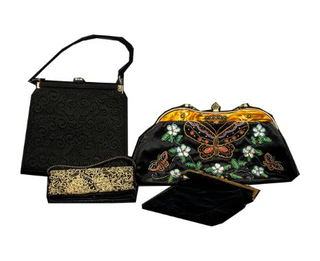Collection of Vintage Bags including a black velvet bag with a chain handle; a small black Indian bag with gold embroidery; a
