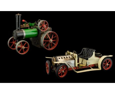 Collection of Two Vintage Mamod Steam Engines.  One a Mamod white steam car and the other a green TR1 steam tractor. Collecti