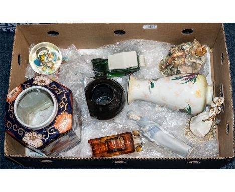 Box of Mixed Collectable Ceramic and Glass Items to include two vintage Avon glass cars with aftershave inside; a large orien
