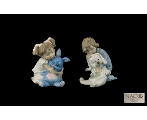 Nao by Lladro Pair of Handmade and Hand Painted Porcelain Figures ( 2 ) Comprises 1/ ' Goodnight Kiss ' Little Boy with His D