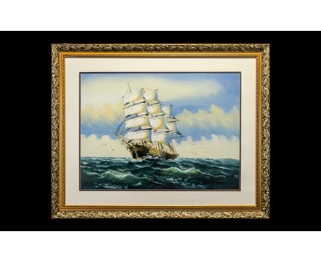 Modern Seascape Watercolour ' Large Ship on Stormy Waters ' Signed Indistinctly Lower Right, Mounted and Framed Behind Glass,