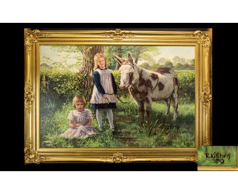 R. Kitchen Untitled Oil On Canvas Depicting two female children with donkey. Signed and dated 80 to lower left, housed in swe