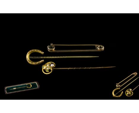 Antique Period 15ct Gold Pearl and Peridot Set Stick Pin - Marked 15ct + 9ct Gold Horseshoe Brooch - Stick not Gold &amp; a 9