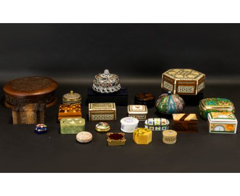 Large Collection of Decorative Boxes comprising six wooden boxes to include two decorative inlaid with mother of pearl; two c