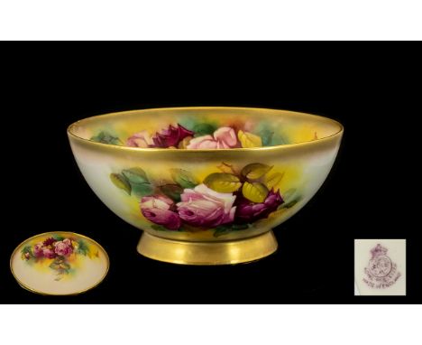 Royal Worcester Attractive and Nice Quality ' Roses ' Signed Footed Bowl, Pink and Red Roses Still Life - Soft Palette. Signe