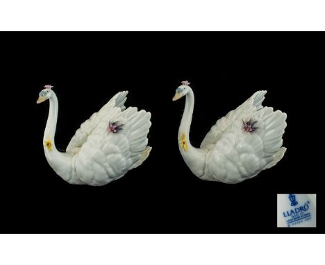 Lladro Fine Pair of Quality White Swan Figures, Encrusted with Flowers. Model Number 6499, Issued 1998. Each Swan Figure 4 In