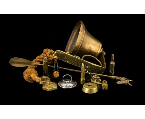 Wall Mounted Brass Bell with a durable rope cord attached to ring the bell. Together with a Brass shoe horn with a horse fini