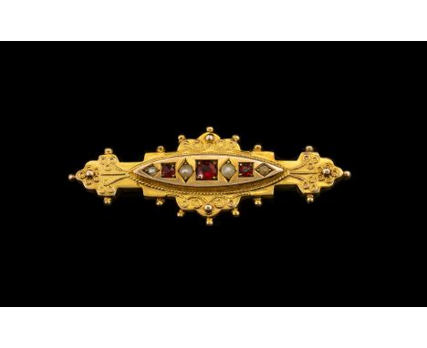Victorian Period Nice Quality and Attractive Ruby and Seed Pearl Set Brooch / Sweetheart Ornate Design. Hallmark Chester 1901