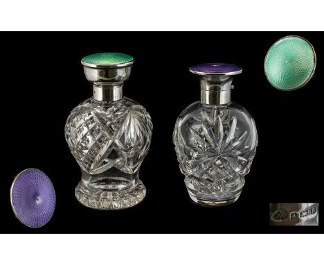 Art Deco Period - 1920's Pair of Silver and Enamel - Hinged Topped Cut Glass Perfume Bottles of Good Size and Form. Hallmark 