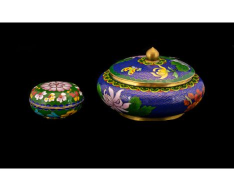 Two Enamel Cloisonne Trinket Boxes to include a lidded enamel Cloisonne box in cobalt blue with floral decoration. Also, a sm