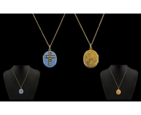 Victorian Period - Attractive 18ct Gold and Turquoise Enamel Set Oval Shaped Locket. Tests 18ct Gold. The Front Enamel Cover 